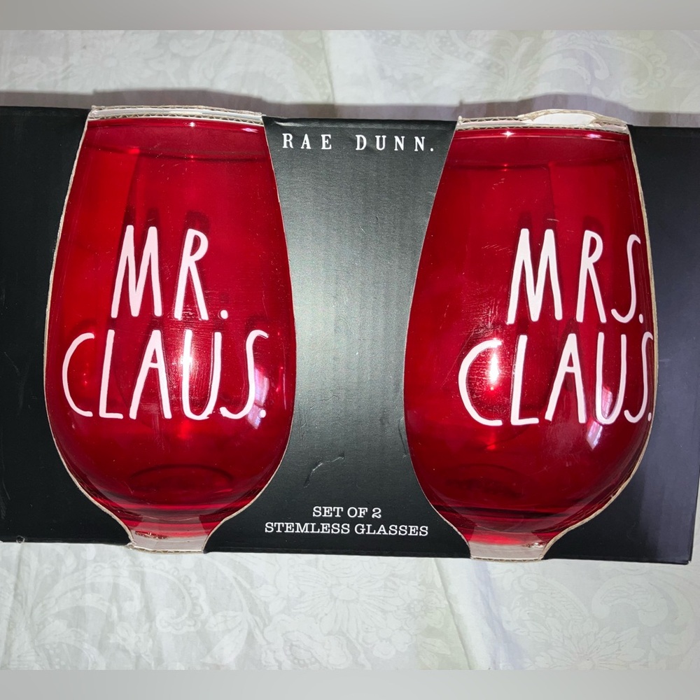 Rae Dunn red Christmas holiday mr and mrs Claus stemless glasses wine GIFT NEW